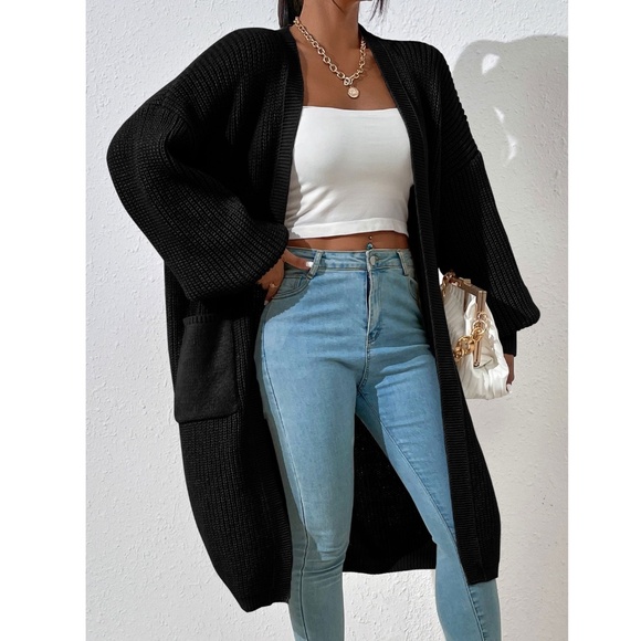 Black Duster Cardigan Front Pockets Cable Knit Long Sleeve Midi Length - Picture 7 of 8